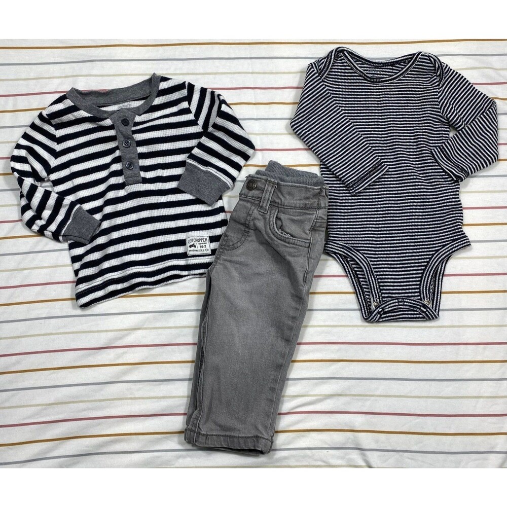 Carter’s 6M Boys 3-Piece Striped Bodysuit, Henley Shirt & Gray Pants Set